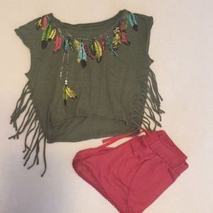 Olive fringed crop top NWOT